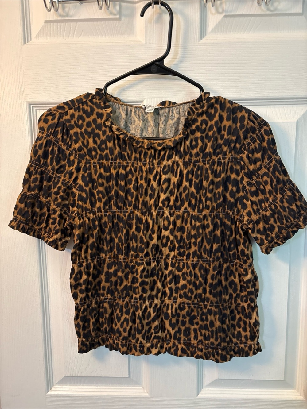 Crewcuts Leopard-Print Ruffle-Neck Smocked Short-Sleeve Top - Brown/Black